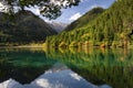 Beautiful landscape shot of a lake and green mountains at the Jiuzhaigou National Park in China Royalty Free Stock Photo