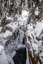 Beautiful landscape of the snowy mountain with its frozen waterfalls Royalty Free Stock Photo