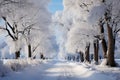 Beautiful landscape, snowy road in the forest between the trees, winter sseason. Generative AI Royalty Free Stock Photo