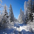 Beautiful landscape, snowy road in the forest between the trees, winter sseason. Generative AI Royalty Free Stock Photo
