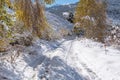 Soldeu, Canillo, Andorra on an autumn morning in its first snowfall of the season. You can see almost completed the works of the t Royalty Free Stock Photo