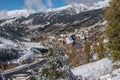 Soldeu, Canillo, Andorra on an autumn morning in its first snowfall of the season. You can see almost completed the works of the t Royalty Free Stock Photo