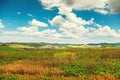 View from above of sunny fields on rolling hills in Tuscany, Italy Royalty Free Stock Photo