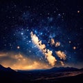 A beautiful landscape: the starry sky and the Milky Way over the valley. Dark silhouettes of hills and mountains are visible below Royalty Free Stock Photo