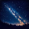 A beautiful landscape: the starry sky and the Milky Way over the valley. Dark silhouettes of trees are visible below Royalty Free Stock Photo