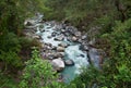 Beautiful landscape with a stormy mountain river of blue color in the jungle of Nepal, on a cloudy day Royalty Free Stock Photo