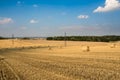 Beautiful landscape with straw bales in harvested fields Royalty Free Stock Photo