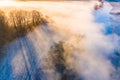 Beautiful landscape. Sun shining through thick fog aerial view.Rural scenery Royalty Free Stock Photo