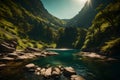 Beautiful landscape, sunny day, Green mountains with trees, lovely lake with rocks