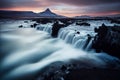 Landscape with sunrise at famous Kirkjufellsfoss waterfall and Kirkjufell mountain, Iceland. Royalty Free Stock Photo