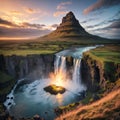 Beautiful landscape with sunrise on Kirkjufellsfoss waterfall and Kirkjufell mountain, Iceland, Europe. made with