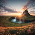 Beautiful landscape with sunrise on Kirkjufellsfoss waterfall and Kirkjufell mountain, Iceland, Europe. made with Royalty Free Stock Photo