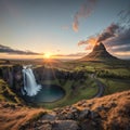 Beautiful landscape with sunrise on Kirkjufellsfoss waterfall and Kirkjufell mountain, Iceland, Europe. made with Royalty Free Stock Photo