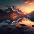 Beautiful landscape sunset with lake and mountain. Illustration wallpaper Royalty Free Stock Photo