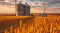 Beautiful landscape of sunset over wheat field at summer, Agricultural Silos for storage and drying of grains, wheat, corn, soy, Royalty Free Stock Photo