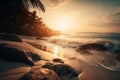 Beautiful landscape with sunset of paradise tropical island beach. Beach vacation summer holidays with sunrise. Generative AI Royalty Free Stock Photo
