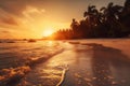 Beautiful landscape with sunset of paradise tropical island beach. Beach vacation summer holidays with sunrise. Generative AI Royalty Free Stock Photo