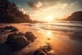 Beautiful landscape with sunset of paradise tropical island beach. Beach vacation summer holidays with sunrise. Generative AI Royalty Free Stock Photo