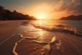 Beautiful landscape with sunset of paradise tropical island beach. Beach vacation summer holidays with sunrise. Generative AI Royalty Free Stock Photo