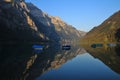 Summer morning at lake Klontalersee. Mountain range Glarnisch re Royalty Free Stock Photo