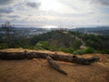 An old tree fallen on the hill top with sunny sky above. Royalty Free Stock Photo