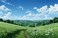 a beautiful landscape, a trail leading into the distance, green grass and wild flowers in the valley, mountains in the Royalty Free Stock Photo