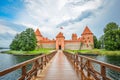 Beautiful landscape of Trakai Island Castle, lake and wooden bridge, Lithuania.