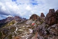 Beautiful landscape in Tre Cime di Lavaredo National park with Rifugio Locatelli mountain chalet, Italy.