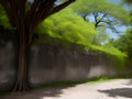 beautiful landscape with trees and green grass with cement wall, Ai generated Royalty Free Stock Photo