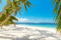 Beautiful landscape of tropical beach on Boracay island, Philippines. Coconut palm trees, sea, sailboat and white sand. Nature Royalty Free Stock Photo