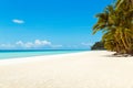 Beautiful landscape of tropical beach on Boracay island, Philippines. Coconut palm trees, sea, sailboat and white sand. Nature Royalty Free Stock Photo