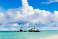 Beautiful landscape of tropical beach and Willis rock on Boracay island, Philippines. Coconut palm trees, sea, sailboat and white