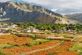 Beautiful landscape of Tsarang village in summer season in a morning, Upper Mustang trekking route in Himalaya mountains range,