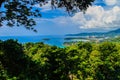 Beautiful landscape of turquoise ocean waves with boats, coastline and blue sky background from high aerial view point Royalty Free Stock Photo