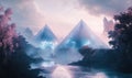A beautiful landscape with two pyramids and a river Royalty Free Stock Photo