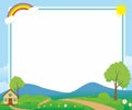 Beautiful Landscape Vector Frame Background with, Rainbow, Green Meadow, Clouds, Tree and Home Royalty Free Stock Photo