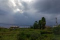 Landscape of the old village, which is located on the outskirts of the town of Kholmsk with a rich dark sky