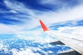 Beautiful landscape view background of sky above cloud  plane`s window and see plane`s wing Royalty Free Stock Photo