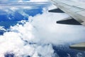 Beautiful landscape view background of sky above cloud  plane`s window and see plane`s wing Royalty Free Stock Photo