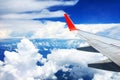 Beautiful landscape view background of sky above cloud  plane`s window and see plane`s wing Royalty Free Stock Photo