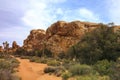 Beautiful landscape view of boulders, trees, cactuses from the hiking trail in Joshua Tree National Park, California, USA. Royalty Free Stock Photo