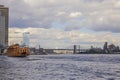 Beautiful landscape view with Brooklyn Bridge with cruise ship on background. New York, Royalty Free Stock Photo