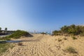 Beautiful landscape view of empty sunbeds and umbrellas on sand beach