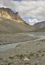 Beautiful Landscape view of flowing a river in between Dry mountains of Leh, Ladakh with cloudy sky in summer. Royalty Free Stock Photo