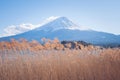 Beautiful landscape view of Fuji mountain or Mt.Fuji covered with white snow in winter seasonal at Kawaguchiko Lake. Royalty Free Stock Photo