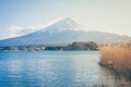 Beautiful landscape view of Fuji mountain or Mt.Fuji covered with white snow in winter seasonal at Kawaguchiko Lake. Royalty Free Stock Photo