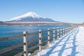 Beautiful landscape view of Fuji mountain or Mt.Fuji covered with white snow in winter seasonal at Kawaguchiko Lake. Royalty Free Stock Photo