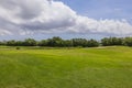 Beautiful landscape view of green grass golf field on green trees and blue sky with white clouds background. Aruba. Royalty Free Stock Photo