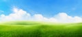 Beautiful landscape view of Green grass natural meadow field and little hill with white clouds and blue sky. Royalty Free Stock Photo