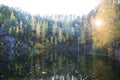 Beautiful landscape view of green and yellow forest and lake.